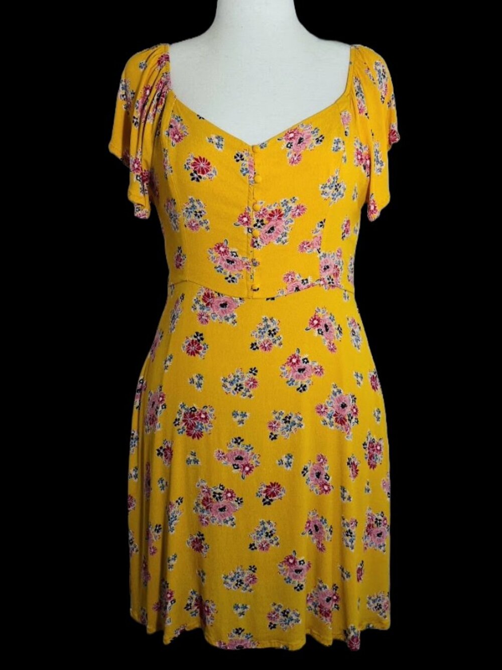 Blue Rain Yellow floral print short sleeve mini dress - size L